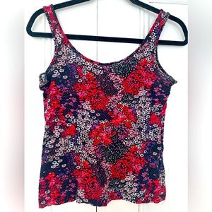 Black background with red, purple, pink and white flowers